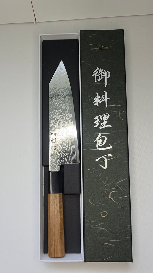 Hatsukokoro Ryuhyo SG2 Damascus Migaki Kiritsuke Bunka 180mm – Teak Handle